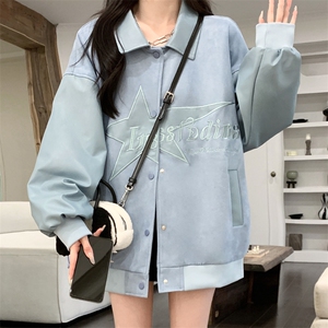 2024潮情侣美式星星LOGO麂皮绒棒球服宽松夹克外套女 C789-P100图片