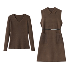 2025新款翻领针织连衣裙两件套女秋冬中长款收腰显瘦高级感气质裙，女装羊毛衫，艾米