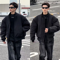 抖音得物美式潮休闲夹克春季立领纯色复古工装加厚棉服外套AMY02，男装夹克，电商A443