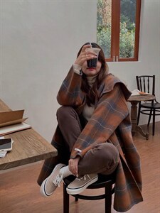 围巾连帽格子双面羊绒外套,其它,Hello Tina