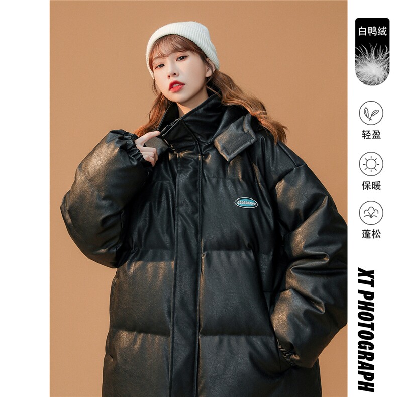 白鸭绒中性22冬季保暖PU皮时尚简约连帽羽绒服 YR107 P225控298图片