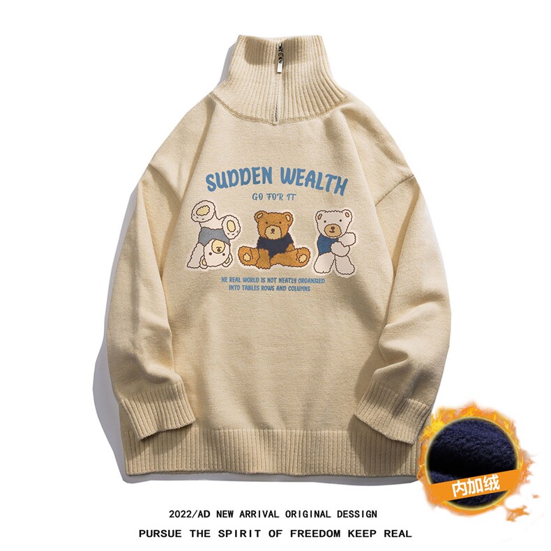 白底秋冬ins趣味小熊印花保暖圆领套头毛衣M3005P50加绒60控68-78,男装针织衫/毛衣,电商A247-1