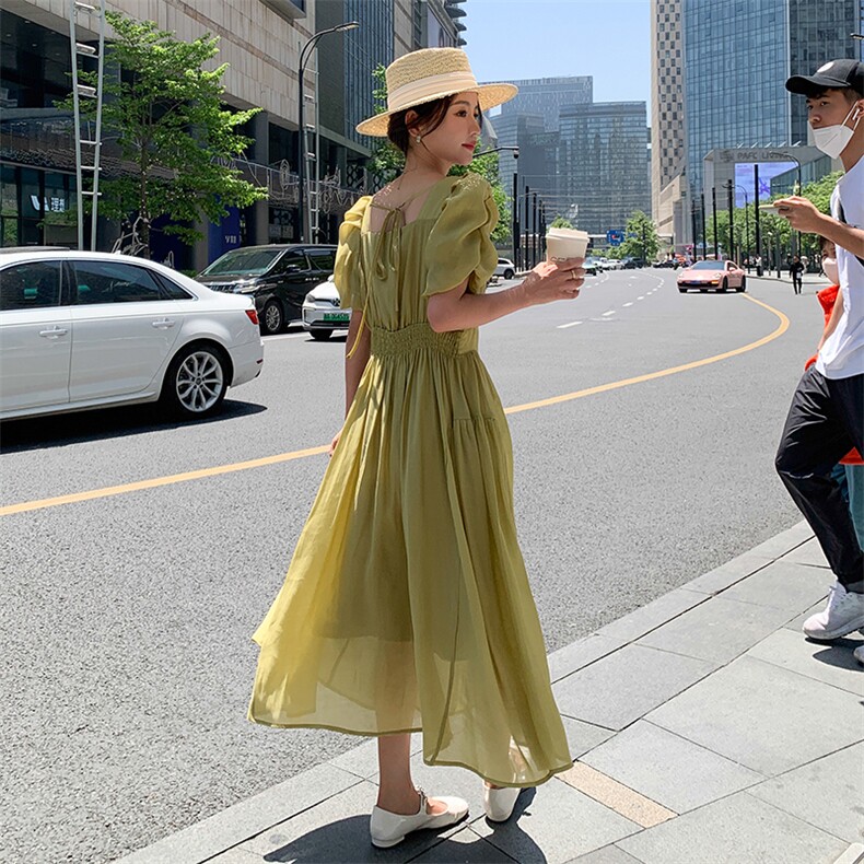 绿色收腰显瘦天丝连衣裙女2023夏季新款法式温柔轻熟风气质桔梗裙,女装连衣裙,一九零