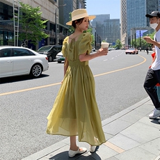 绿色收腰显瘦天丝连衣裙女2023夏季新款法式温柔轻熟风气质桔梗裙，女装连衣裙，一九零