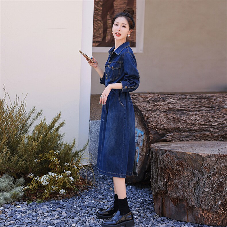 牛仔连衣裙女长袖2025春秋新款韩版时尚显瘦翻领中长款牛仔裙子,女装连衣裙,慧尚依恋
