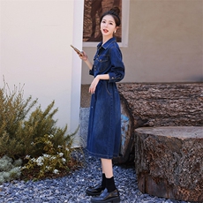 牛仔连衣裙女长袖2025春秋新款韩版时尚显瘦翻领中长款牛仔裙子，女装连衣裙，慧尚依恋