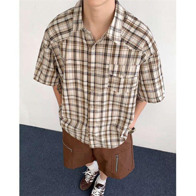 格纹短袖衬衫男夏季慵懒风情侣宽松百搭格子半袖衬衣HK61P35,男装T恤,星座1013-1