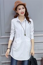 长袖排多扣中长款直筒纯色POLO领压皱口袋纯色衬衫2025年秋季，女装衬衫，风姿绰