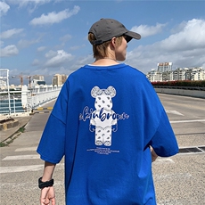 1港风小熊印花休闲情侣日系潮大码M-5XL短袖T恤男DT7736P25控38，男装T恤，星座226-2