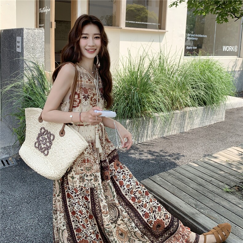 波西米亚风印花背心连衣裙女2025夏季新款超火流行宽松度假风长裙,女装连衣裙,2C051