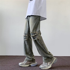 美式高街破洞渐变牛仔裤男潮牌痞帅宽松直筒裤子9077-P45，男装牛仔裤，星座1001-1