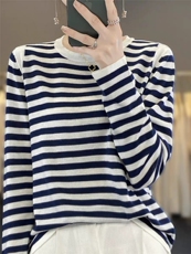 2025春秋新款精纺薄款针织衫圆领条纹藏蓝设计长袖韩版显瘦上衣女，女装针织衫/毛衣，昂家羊绒