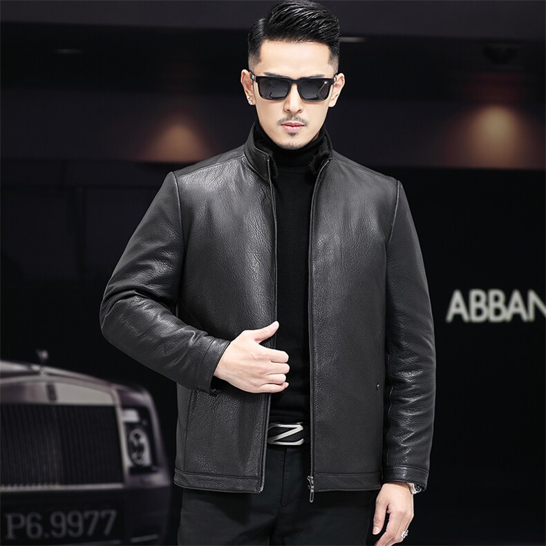 新款鹿纹皮山羊皮立翻领海宁皮衣男中老年皮夹克羽绒内胆脱卸，男装夹克，电商B360