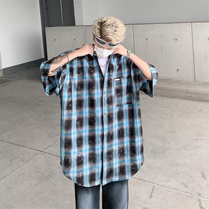 复古做旧短袖格子衬衫男宽松夏季潮流休闲衬衣外套潮 CJ09图片