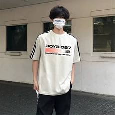 抖音得物高品质二开240克宽松纯棉美式潮牌三条杠织带短袖T恤，男装T恤，电商A486