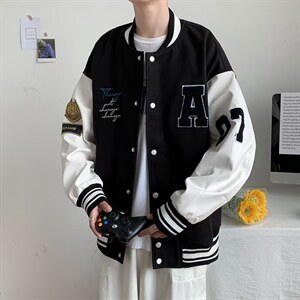 vibe美式棒球服男春秋黑白拼接飞行员夹克毛呢布皮袖BJ309P65图片