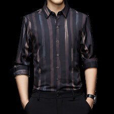无痕衬衫男长袖春秋季中年男士商务休闲高端弹力免烫印花条纹衬衣，男装衬衫，电商B212（原钱塘6029）