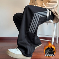 撞色条纹垂感卫裤男冬季加绒加厚宽松直筒潮流百搭港风休闲长裤子，男装休闲裤，电商A001-1