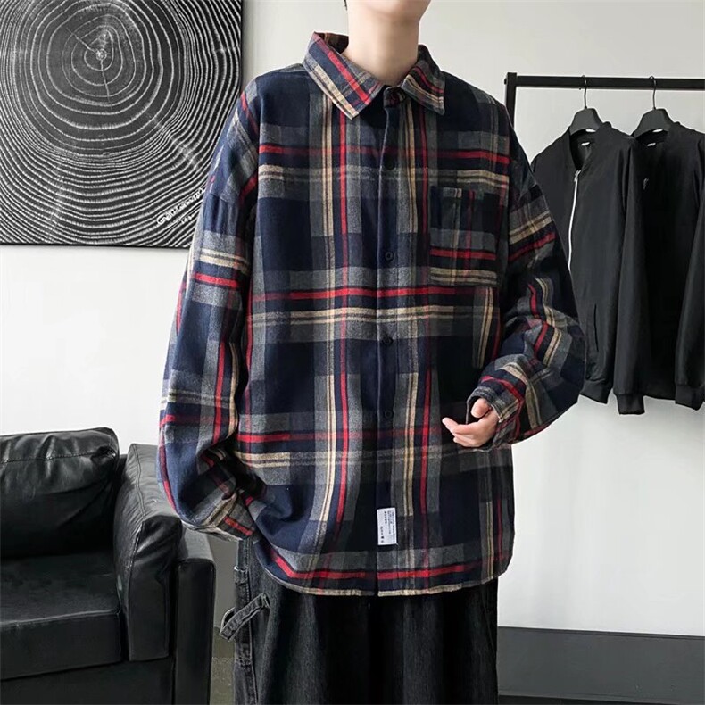 春季格子长袖衬衫男港风日系外套ins痞帅衬衣CK1819P35,男装衬衫,星座1116-2