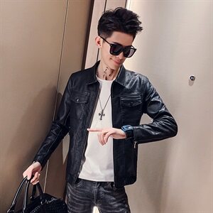 2021秋冬社会精神小伙风修身多拉链水洗皮衣外套图片