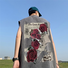 港风23时尚百搭宽松做旧水洗磨皮无袖纯棉短袖T恤DT6247P40控58，男装T恤，电商A268A