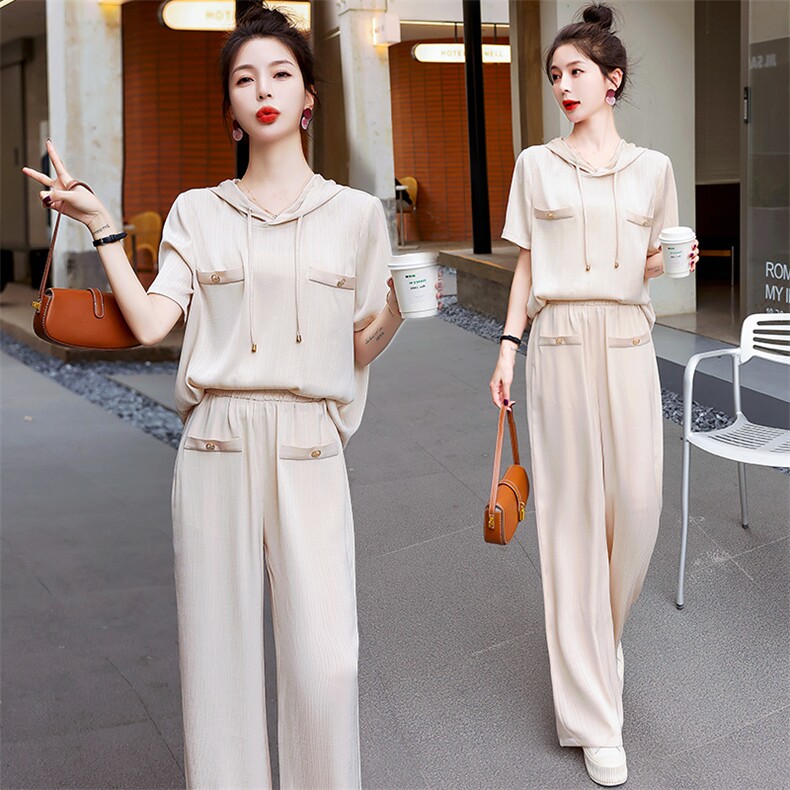 2024新款小香风休闲套装女夏款巨显瘦遮肉运动连帽高端冰丝两件套，女装套装/套裙，奕薇雅