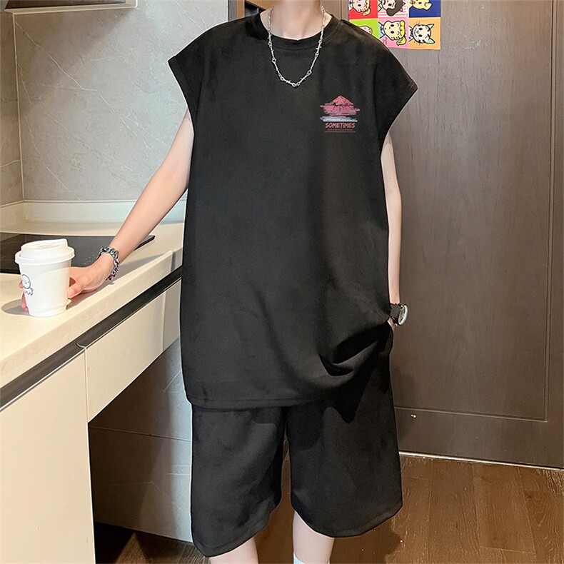 直播美式麂皮绒宽松背心无袖t恤短裤大码两件套套装TZ69-P58,男装T恤,电商A486