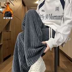 重磅加绒加厚休闲裤子男秋冬季潮牌鱼骨纹宽松垂坠感直筒阔腿长裤，男装卫衣，电商A022