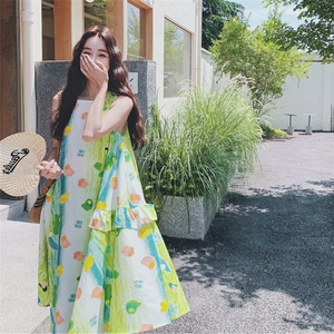 夏日小清新绿色雪纺无袖背心连衣裙女独特漂亮超好看松弛感长裙子图片