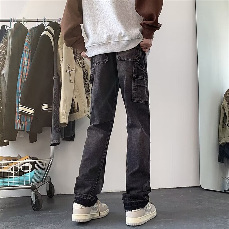 美式撞色拼接牛仔裤男春秋高街设计感hiphop潮牌直筒毛边休闲长裤,男装牛仔裤,星座601-2