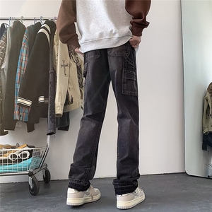 美式撞色拼接牛仔裤男春秋高街设计感hiphop潮牌直筒毛边休闲长裤图片