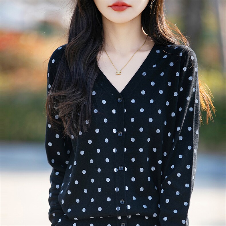 优雅气质软糯精纺羊毛针织开衫女2025新V领波点打底宽松显瘦外搭,针织衫/毛衣,片语羊绒