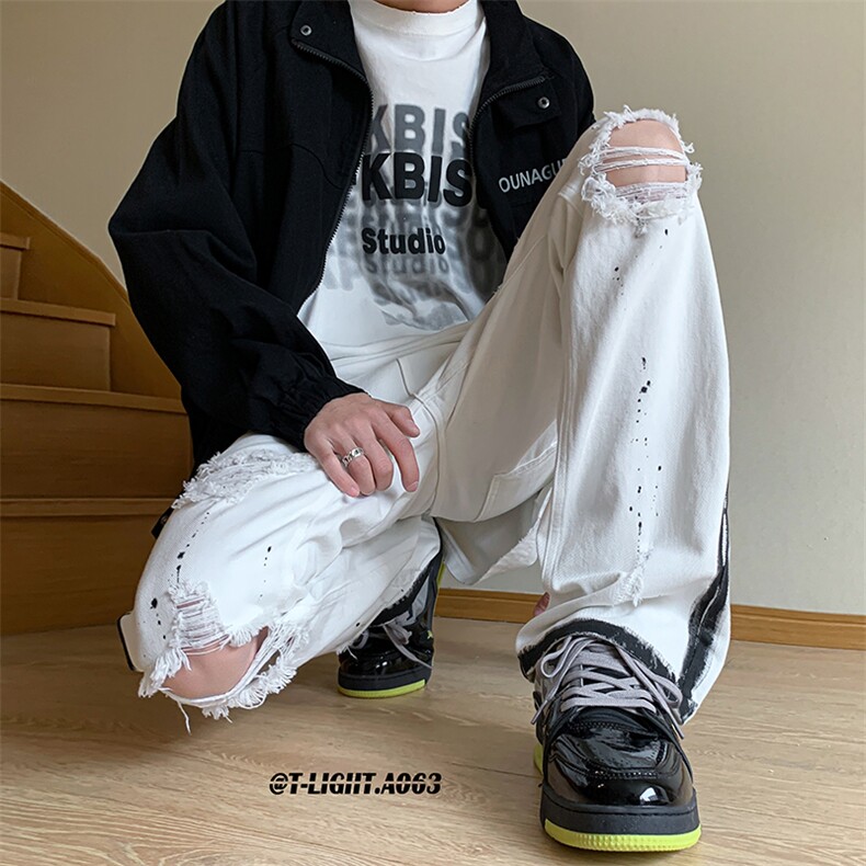 美式高街夏季破洞涂鸦黑白牛仔裤货号K739P65，男装牛仔裤，电商A063