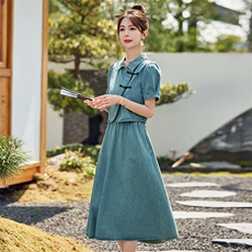 新中式国风牛仔套装女2025夏季新款复古气质盘扣上衣半身裙两件套，女装套装/套裙，慕依路