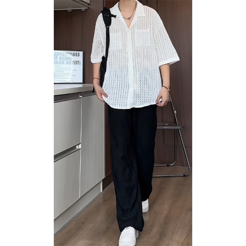 镂空针织短袖男女可穿凉感夏休闲宽松慵懒风透气T恤衬衫DX513P40,男装衬衫,电商A128