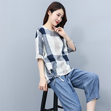 2023夏季棉麻格子简约气质圆领宽松时尚休闲显瘦舒适上衣，女装衬衫，独衣靓