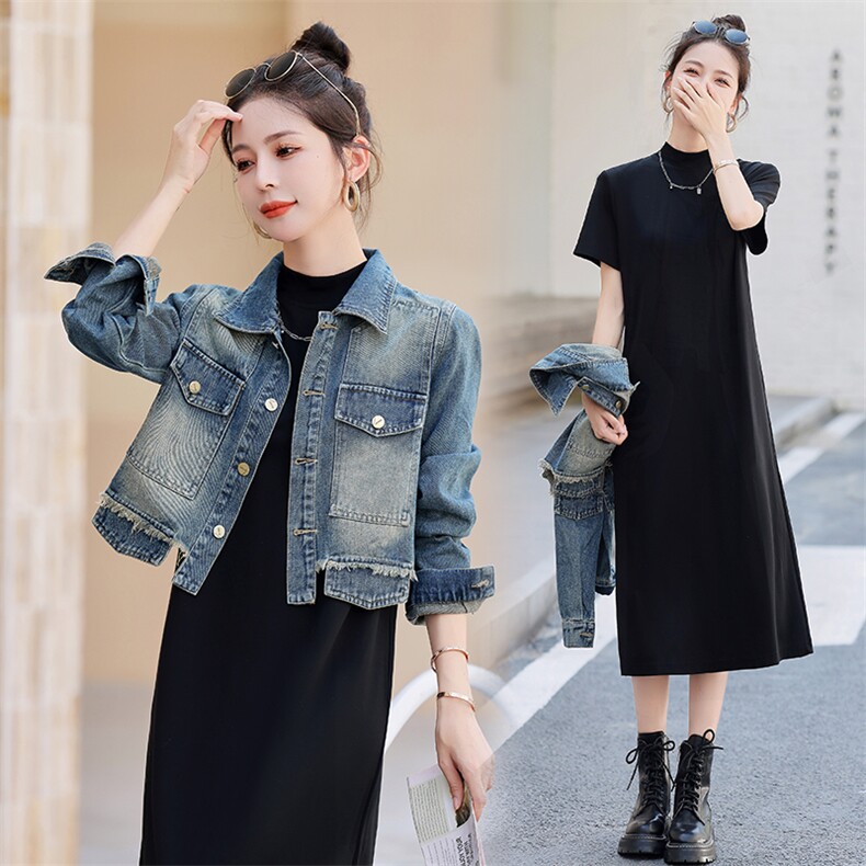 时尚秋装新款牛仔外套+黑色连衣裙套装显瘦百搭气质女神风,女装套装/套裙,凯瑟曼