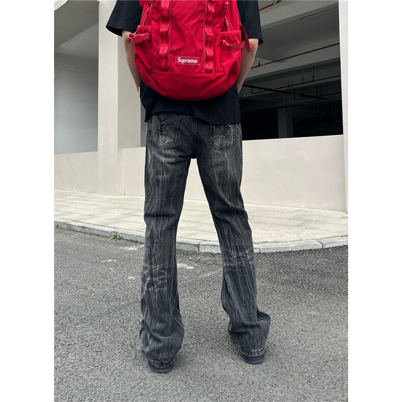 美式复古闪电裂纹褶皱牛仔裤男高街潮牌直筒做旧裤子NK69-P54,男装牛仔裤,星座208-5
