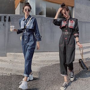 2021春秋季格纹拼接时尚连体裤高腰时尚翻领休闲舒适百搭女图片