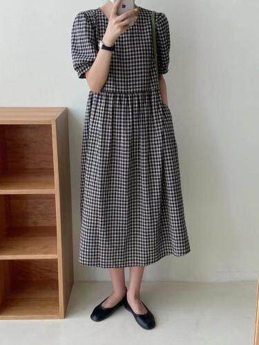 韩版棉麻格子连衣裙，女装连衣裙，素宇 SUYU