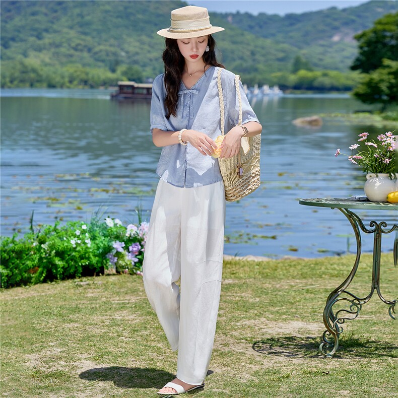 亚麻套装女2026夏季新款套装女蕾丝领带宽松上衣气质透气休闲裤,女装套装/套裙,梦懿尔