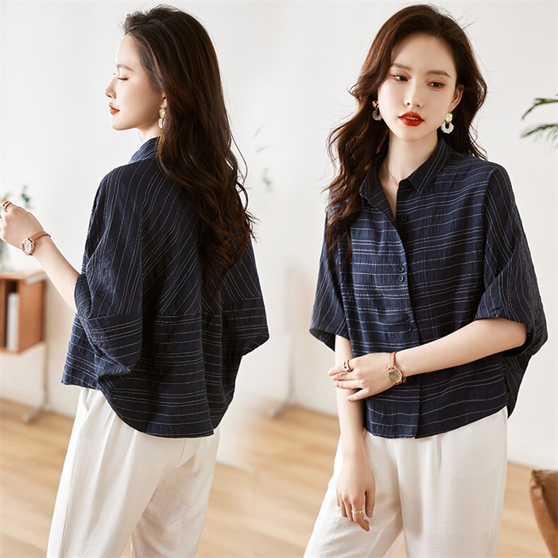 大码蝙蝠衫上衣女韩版宽松胖MM高级感防晒衬衣休闲短袖女士外套，女装衬衫，素月