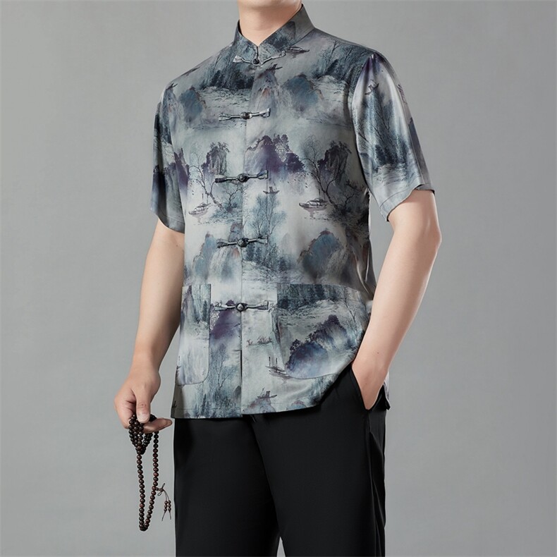 唐装男爸爸夏装短袖冰丝风衣服中老年人爷爷夏季汉服休闲套装,男装民族服装,电商B212（原钱塘6029）
