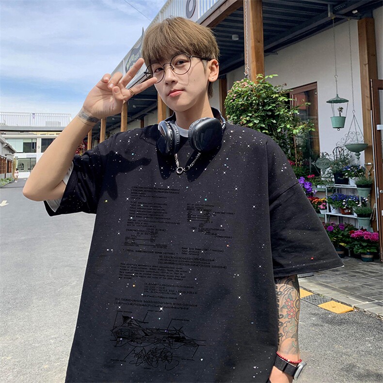 量大优供抖音视频支持得物配合二开美式满天星亮片短袖T恤MTX389,男装T恤,电商A486