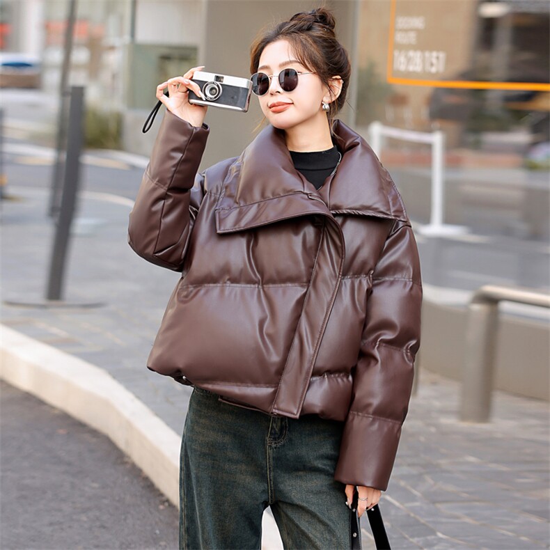 美拉德蛋白皮PU皮衣羽绒服女冬季2025年新款韩版短款小个子设计感,女装羽绒服,意芙