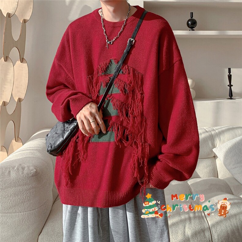 圣诞氛围感圣诞树流苏点缀针织衫上衣复古休闲毛衣HY693TP55图片