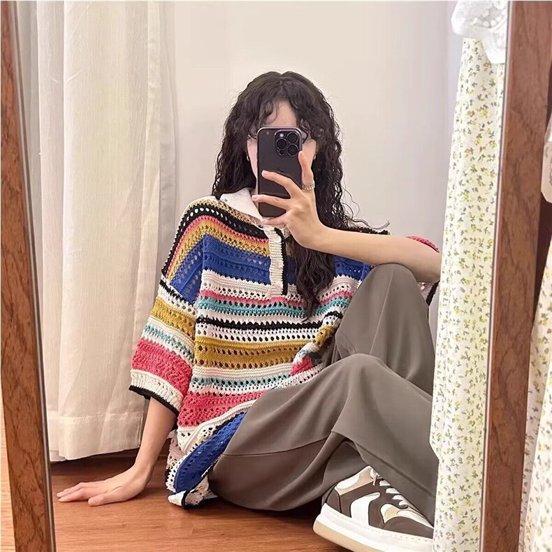 彩色冰丝条纹镂空针织polo衫t恤女夏季正肩港风chic别致短袖上衣,男装T恤,星座506A