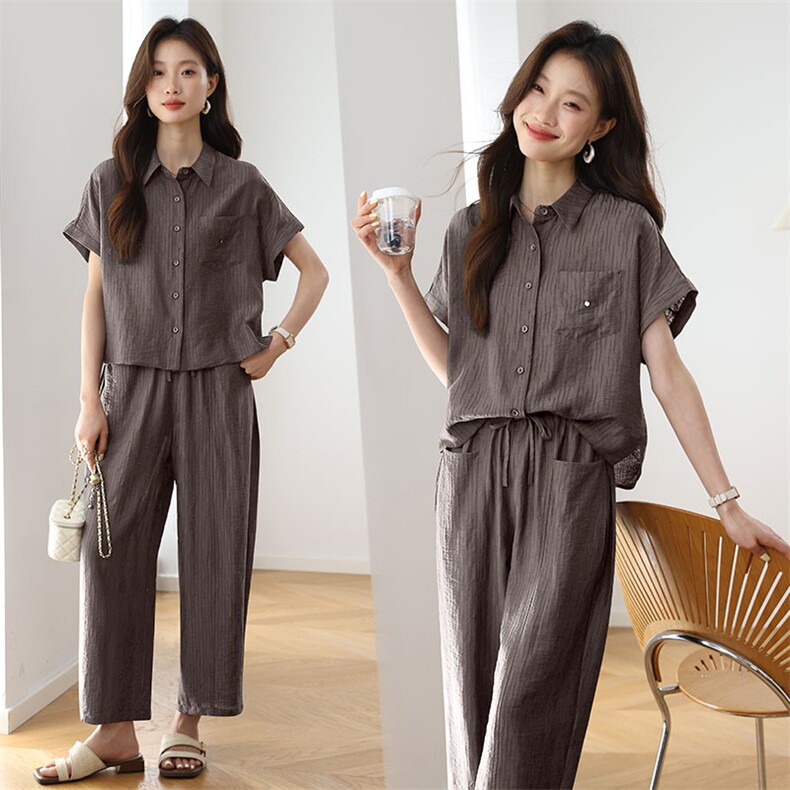 2026年夏季新款短袖衬衫休闲裤两件套，女装套装/套裙，雪樱依海
