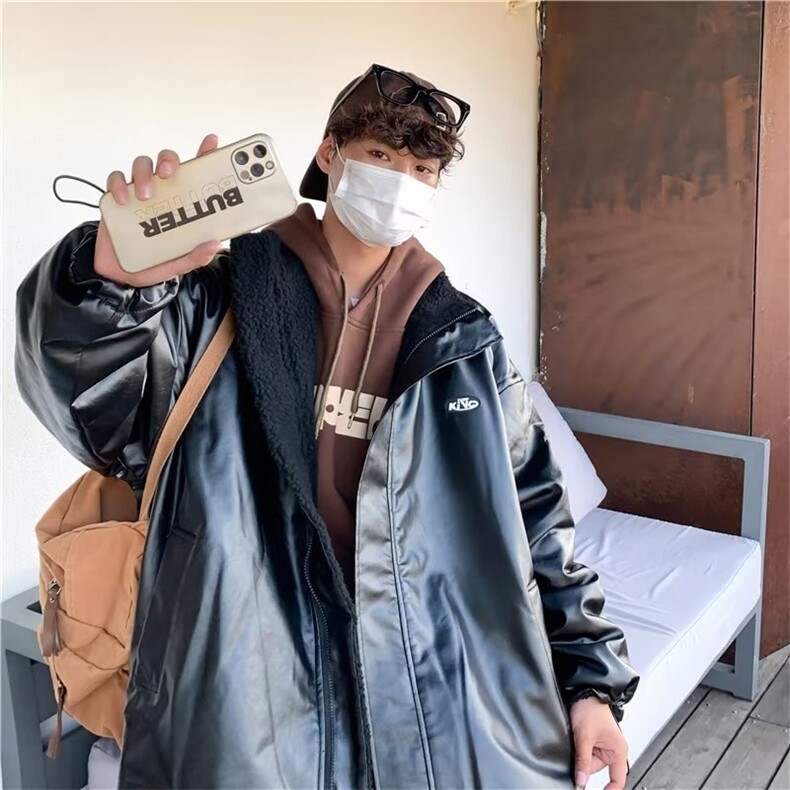 羊羔毛加绒外套ins港风两面穿棉服男冬季痞帅PU皮棉袄男V8565-P88图片