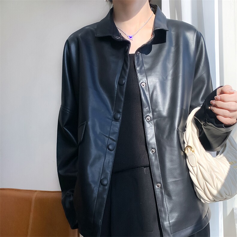 时尚韩版宽松显瘦百搭黑色皮衣外套女秋冬季新款气质休闲上衣图片
